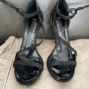 sexy BCBG black satin with silver heels . size 8.5